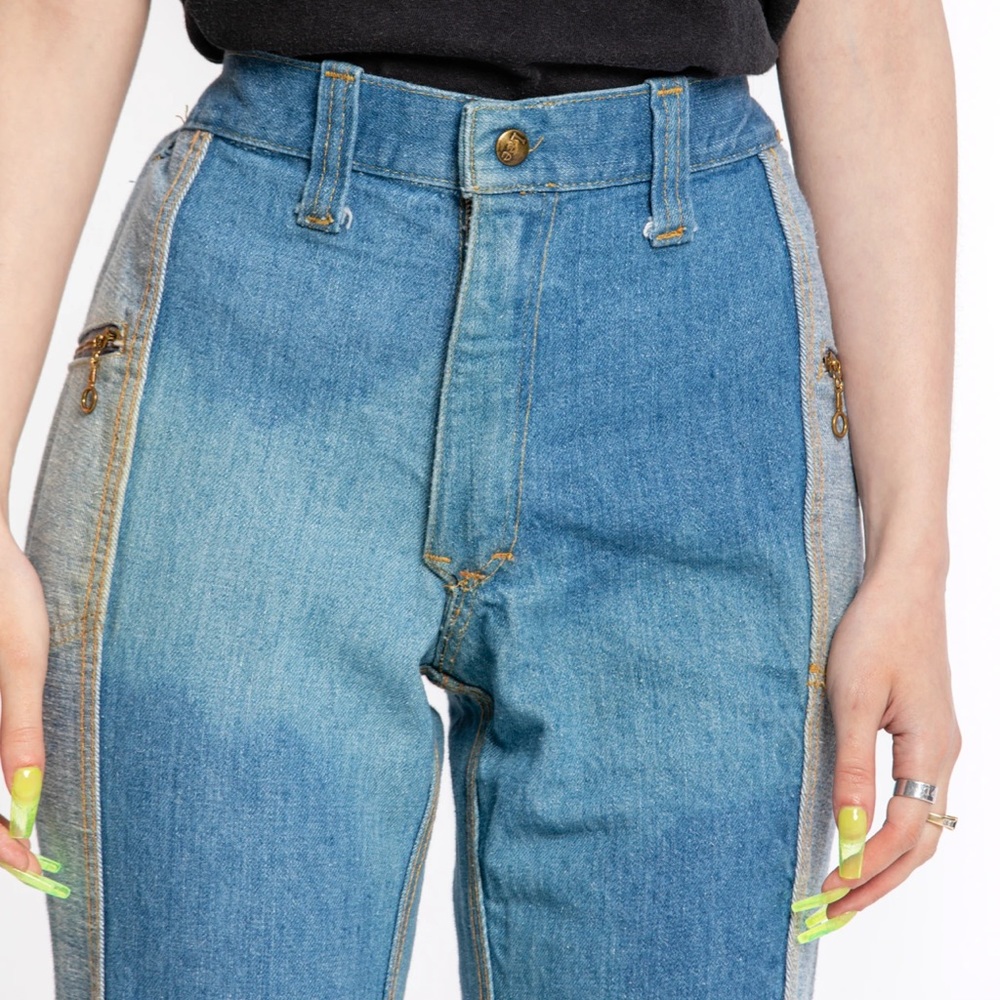 Rare 1970's Vintage Lee's High Waisted Two Toned Patchwork Bell Bottom Jeans - Picture 2 of 12